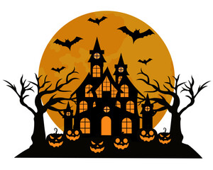 Spooky Haunted House with Full Moon and Pumpkins vector illustration