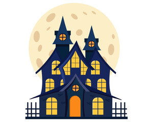 spooky halloween haunted house with full moon vector illustration