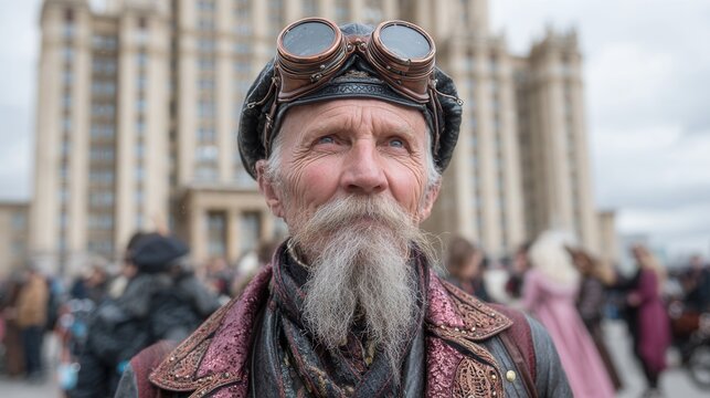 An elderly man dressed in a steampunk outfit with goggles, surrounded by a crowd at an outdoor event, showcasing a unique fashion style and vibrant atmosphere.