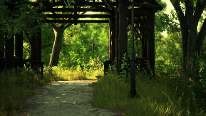 A serene garden pathway winds through vibrant green trees and plants, inviting visitors to stroll leisurely. The warm sunlight filters through the leaves, creating a peaceful atmosphere.