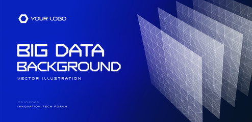 Naklejka na ściany i meble Big data background, layered polygon mesh panels in blue tech style. For analytics dashboard, report, website header, conference banner. Big data visual for AI and data science. Vector illustration