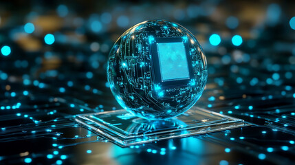 AI chip levitating inside a glowing sphere, surrounded by soft digital light. Represents advanced technology, innovation, and futuristic computing concepts in a sleek, sci-fi style.