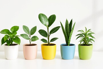 Obraz premium Five potted plants in a row on a white surface