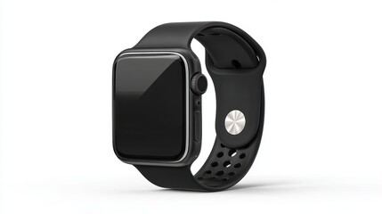 smart watch mockup with black strap, png file of isolated cutout object with shadow on transparent background. Black and digital screen