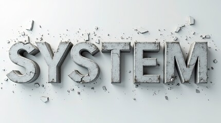 Abstract design of the word "system" in large bold concrete-style letters the text appears to be break wall, crumbling