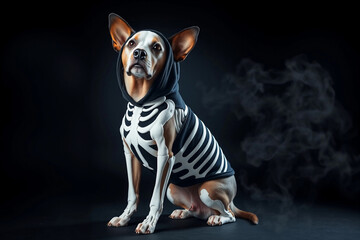 A small dog wearing a black hoodie with a skeleton design sits gracefully. The background is dark, creating a mysterious atmosphere enhanced by swirling smoke