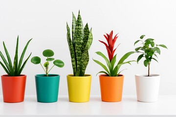 Obraz premium Five potted plants in a row against white wall