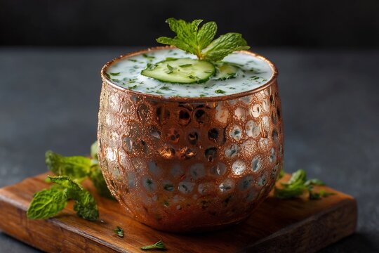 Cold cucumber mint ayran served in copper cup with condensation