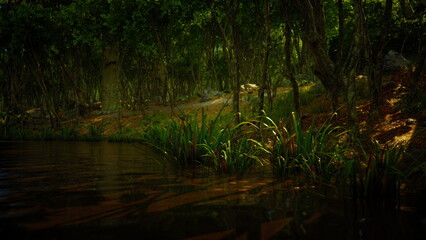 Obraz premium A tranquil scene unfolds as gentle ripples dance on the waters surface. Surrounding trees, lush greenery, and soft golden light create a peaceful ambiance at dusk.