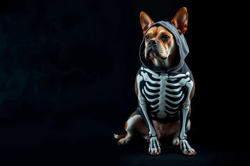 A dog wearing a skeleton hoodie sits confidently against a dark backdrop, showcasing its playful personality in a festive Halloween spirit