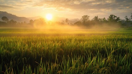 Fototapeta premium Sunrise over lush rice fields rural landscape nature photography serene environment wide-angle view tranquil beauty