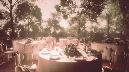 Tables adorned with white tablecloths and floral centerpieces create a beautiful dining scene in a serene outdoor garden as the sun sets, casting a soft, warm glow.