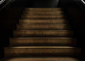 Dimly lit wooden staircase leading upward into darkness, creating a mysterious and cinematic atmosphere, often seen in old buildings, theaters, or dramatic interior settings.