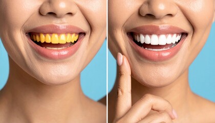 Fototapeta premium Dental transformation visual of teeth whitening, comparison of yellow and white smiles