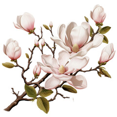 A branch of magnolia flowers with pink and white petals and green leaves transparent background, png