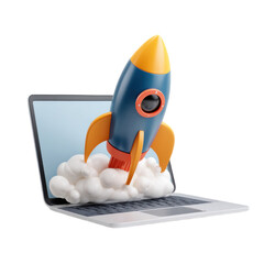 A blue and orange rocket is flying through the air above a laptop computer