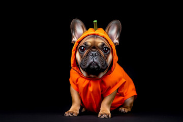 A small dog wears an orange pumpkin costume, showcasing its playful spirit. The dark background enhances the bright colors of the outfit, making it a perfect Halloween theme