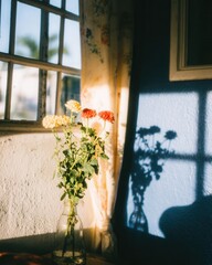 A vase with colorful flowers sits on a table by a window, casting soft shadows on the wall. The scene is bright and inviting, perfect for home decor.