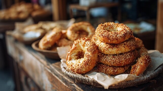 Crispy golden Turkish simit bread rings sesame seeds displayed on a rustic wooden counter street food photography