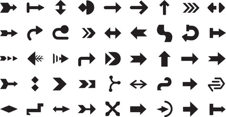 Big set of arrow icons Various black glyph direction signs Collection of pointers cursors and navigation symbols for UI UX web and app design Vector flat illustration