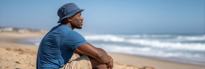 A man in a blue shirt and bucket hat sits on the sandy beach, gazing at the ocean waves under a clear sky, evoking a sense of peace and reflection.