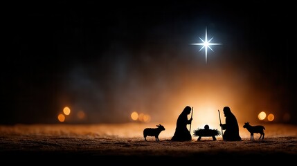 A serene nativity scene featuring silhouettes of Mary, Joseph, and baby Jesus with animals, illuminated by a bright star in a dark setting.