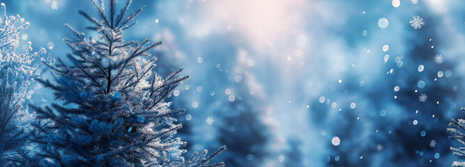 Christmas winter blurred dreamy background, Christmas tree decorated with garland lights and snowflakes, festive celebration atmosphere background, widescreen backdrop. New Year art design, widescreen