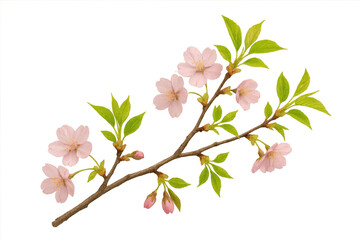 Cherry blossom branch with pink sakura flowers and green leaves opening in spring, transparent background