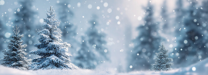 Christmas winter blurred dreamy background, Christmas tree decorated with garland lights and snowflakes, festive celebration atmosphere background, widescreen backdrop. New Year art design, widescreen