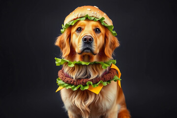 A golden retriever wears a large hamburger hat with layers of lettuce and bun accessories, posing playfully against a dark background. The scene captures the fun spirit of pet dress-up
