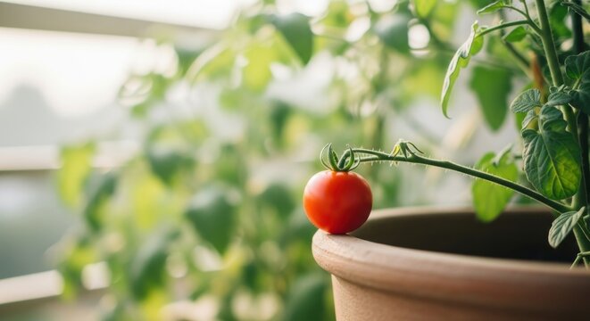 Fresh red cherry tomato growing on plant in terracotta pot with blurred green foliage garden background vibrant ripe fruit potted healthy food