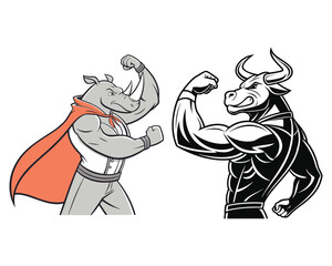 Fototapeta premium A cartoon illustration of a rhino in a superhero cape and a powerful bull flexing their strong arms against each other