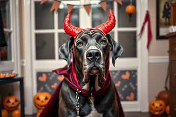 A Great Dane dressed in a red devil costume stands in a decorated living room with Halloween pumpkins and orange accents. The atmosphere is festive and playful