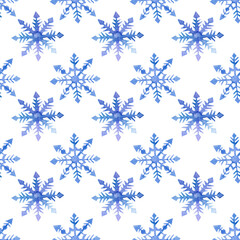 Watercolor snowflake seamless pattern, background, surface design for winter holidays, New Year, Christmas, png with transparet background, hand painted   