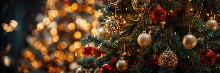 A close-up showcases a lush green Christmas tree adorned with vibrant red ornaments and sparkling gold baubles.