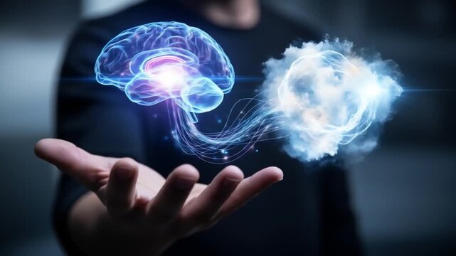 Dynamic AI brain visualization connects to abstract cloud of data, symbolizing innovation and digital transformation in technology.