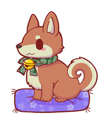 Red Shiba Inu – Hand-drawn Japanese Dog with Karakusa Collar and Bell
