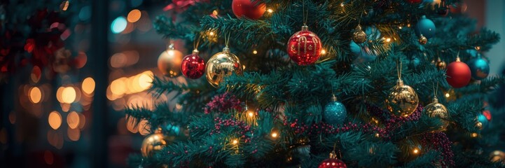 A close-up showcases a decorated Christmas tree with red and gold ornaments. Concept of holiday cheer, festive celebrations, and winter traditions.
