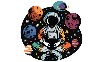 Fototapeta premium Colorful vector illustration of a meditating astronaut floating in outer space surrounded by planets, stars, and cosmic elements. Perfect for sci-fi art, mindfulness posters, t-shirt designs