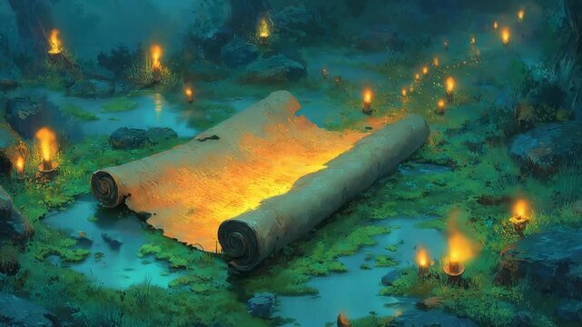 Glowing scroll illuminated by candlelight in mystical forest setting