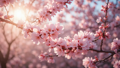 Cherry blossoms blooming with soft sunlight, representing renewal and beauty of new cycles