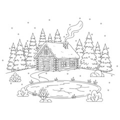 Obraz premium Cozy log cabin in a snowy winter forest with a frozen pond. Simple black and white line art vector illustration for a coloring book page.
