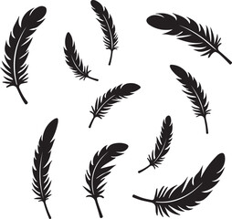 Black feather silhouettes scattered on white background