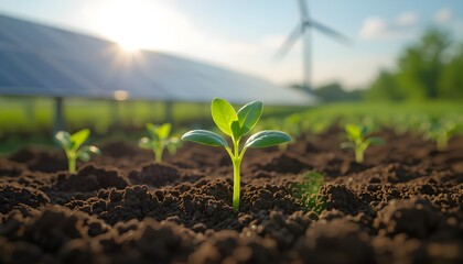 Environment Sustainability with Solar and Wind Energy Supporting Green Plant Growth.