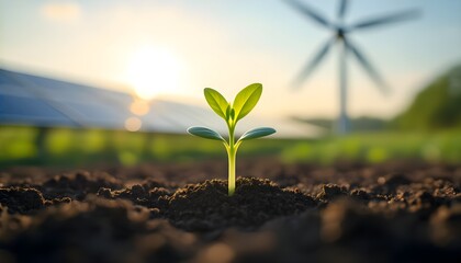 Young Green Plant Growing with Solar Panels – Renewable Energy and Sustainable Agriculture Concept.