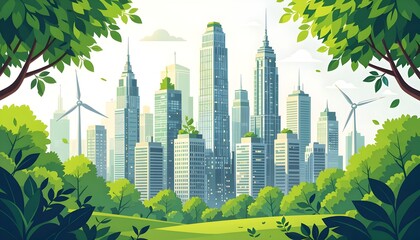Sustainable Green City with Modern Skyscrapers and Renewable Energy.
