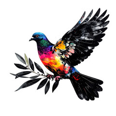 Peaceful dove carrying an olive branch. Mixed media art with vivid colors, blending soft tones with bold, black charcoal outlines. Bird.