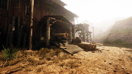 A weathered barn stands beside a dirt path, surrounded by tall grass and gentle hills. The soft morning light casts a warm glow, creating a tranquil and serene atmosphere.