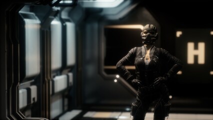 A brave warrior poses confidently in a high tech space station. Wearing an advanced suit and helmet, the setting features glowing panels and a modern, sci fi atmosphere.