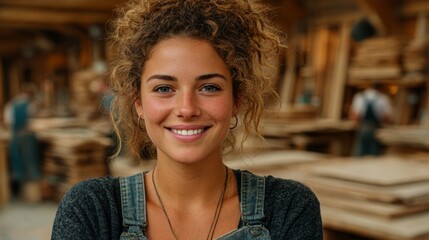 beautiful carpenter woman smiling at factory
